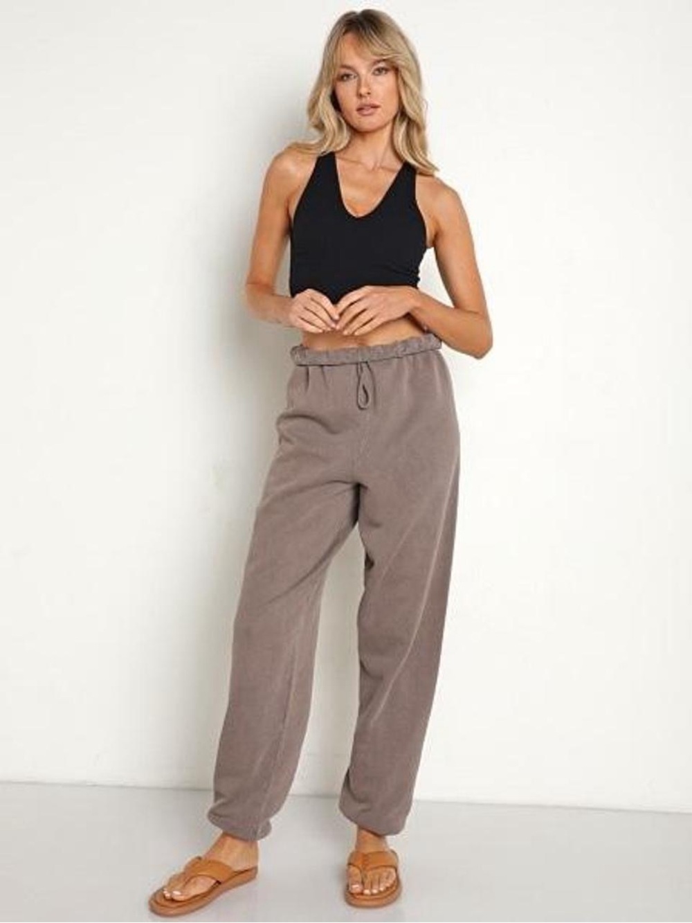 Joah Brown Relaxed High-Waist Track Pants — Taupe